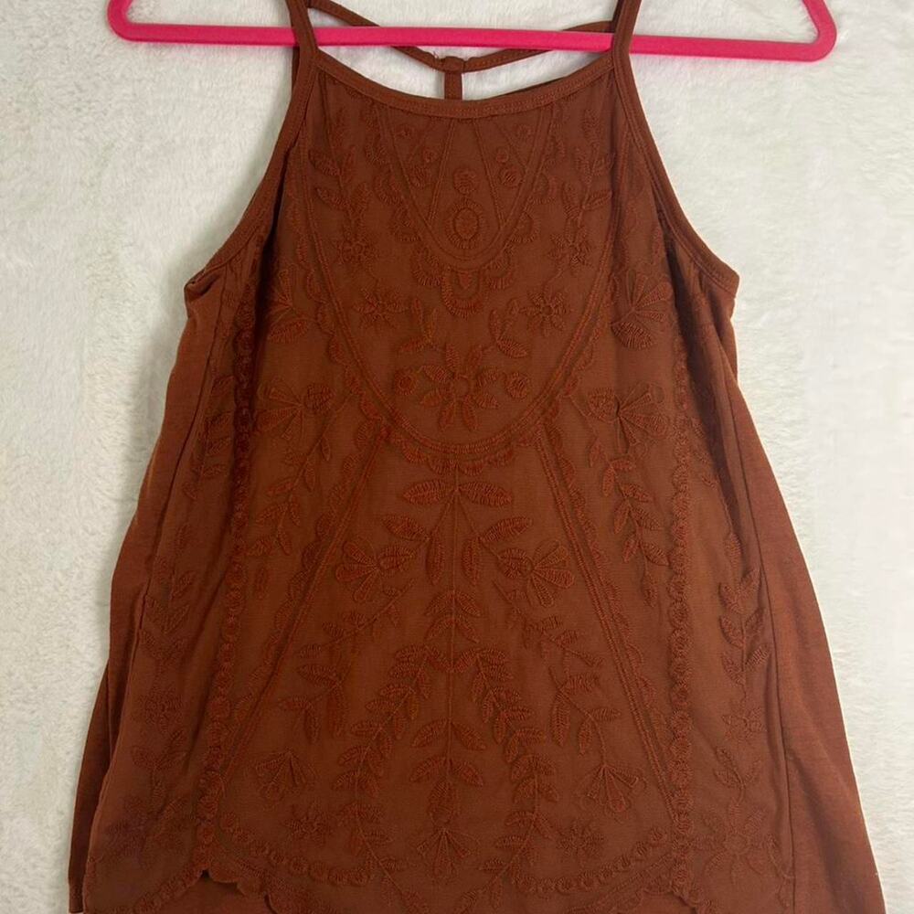 Rewind Rust Orange embroidered mesh tank top with floral pattern. Size: S